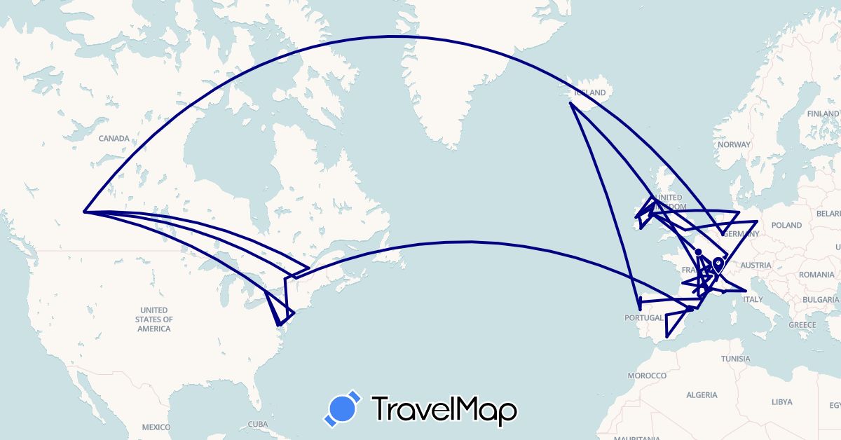 TravelMap itinerary: driving in Canada, Germany, Spain, France, United Kingdom, Ireland, Iceland, Italy, Monaco, Portugal, United States (Europe, North America)